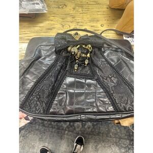 80s Vintage Black Leather and Lace Shoulder Bag/Clutch